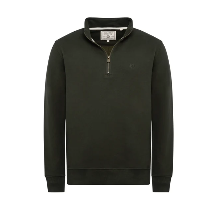 Holland Cooper Quarter Zip Sweat (Men's) Variant Racing Green. A dark olive green quarter-zip sweatshirt with a stand collar, ribbed cuffs and hem, and a small embroidered logo on the left chest, shown against a plain white background.