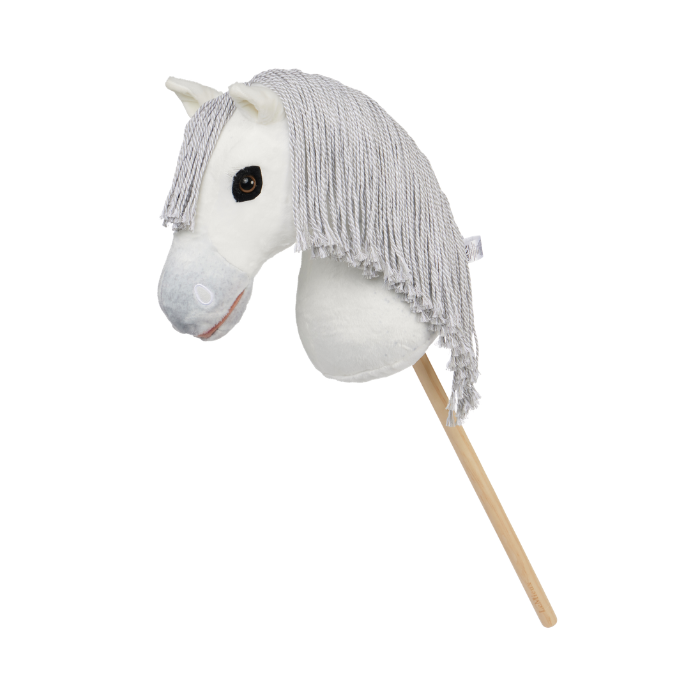 LeMieux AW26 Hobby Horse Coco Variant Colour White.
A white plush horse head stick toy with a gray fringe mane, mounted on a light wooden stick, shown against a plain white background.