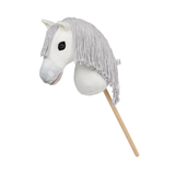 LeMieux AW26 Hobby Horse Coco Variant Colour White.
A white plush horse head stick toy with a gray fringe mane, mounted on a light wooden stick, shown against a plain white background.