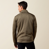 Ariat Men's Team EQ 1/2 Zip Pullover Varient Kalamanta. Man wearing a khaki long sleeve top from the back. 