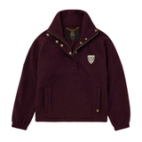 Holland Cooper Cranborne Over Head Fleece Variant Mulberry. A burgundy fleece pullover jacket with a stand-up collar, gold snap buttons, and a small embroidered shield logo on the left chest, shown against a plain white background.