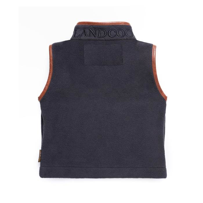 Holland Cooper Little Country Fleece Gilet Varient Ink Navy. Mini fleece gilet with bworn leather trim detailing and Holland Cooper branding on the collar on a white background. 
