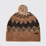 Dubarry Of Ireland Coolroe Bobble Hat Variant Oat Multi. A knit pom-pom beanie hat featuring a brown, tan, and black geometric pattern, with a ribbed knit cuff and a small dark brown brand tag on the side, set against a light gray background.