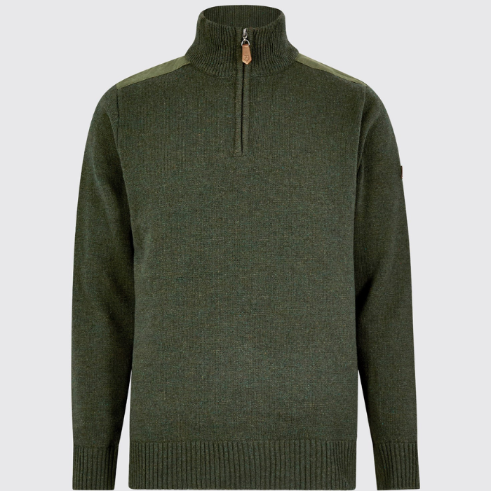 An olive green knit quarter-zip sweater with contrasting light olive shoulder panels and a small tan zipper pull, shown on a light gray background.