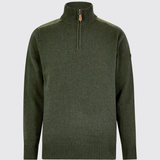 An olive green knit quarter-zip sweater with contrasting light olive shoulder panels and a small tan zipper pull, shown on a light gray background.