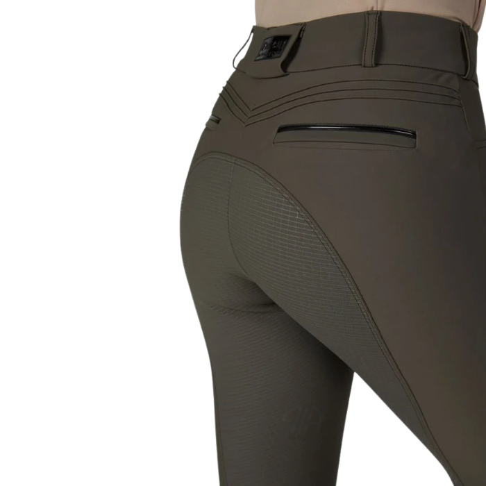 Pikeur AW26 Ceelina Matrixgriptex Breeches Variant Deep Khaki. Close-up of the back waist and hip area of a pair of equestrian riding breeches in olive green, showing the back pocket, stitching, and seat belt loop on a white background.