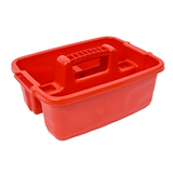 A bright red plastic utility caddy or toolbox with integrated handles, shown on a plain white background.