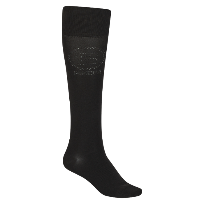 Black knee-high sock with a brand logo on a white background
