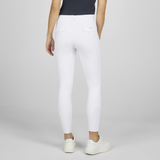 White equestrian riding breeches shown from the back on a model, paired with a dark navy top and white sneakers, against a light gray studio background.