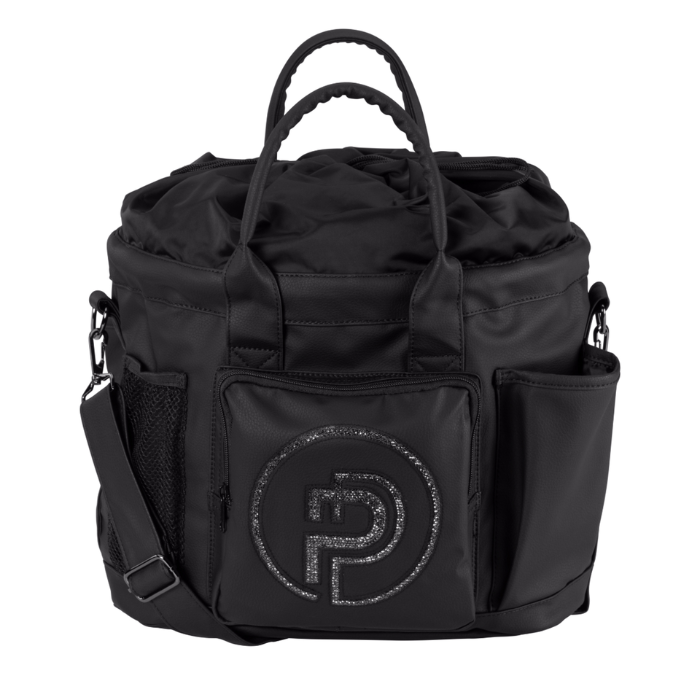 Eskadron Faux Leather Accessories Bag Varient Black. A Black drawstring duffel bag with top handles, side mesh pockets, and a front pocket featuring a glittery circular 'P' logo, shown on a white background.