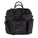 Eskadron Faux Leather Accessories Bag Varient Black. A Black drawstring duffel bag with top handles, side mesh pockets, and a front pocket featuring a glittery circular 'P' logo, shown on a white background.