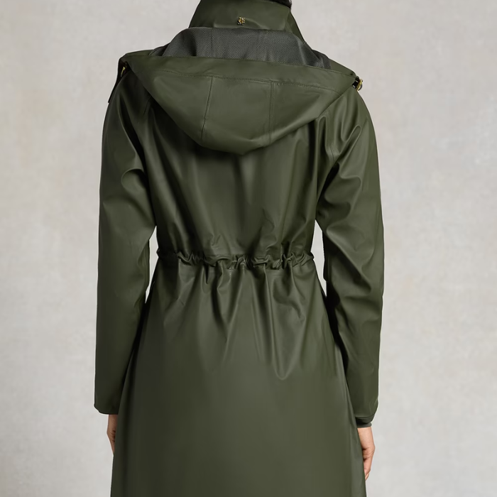 Holland Cooper Chartwell Rain Parka Variant Hunter Green. An olive green hooded raincoat shown from the back, featuring a drawstring waist and smooth water-resistant fabric, against a neutral gray background.
