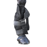 Equestrian leg guard with protective padding on a white background