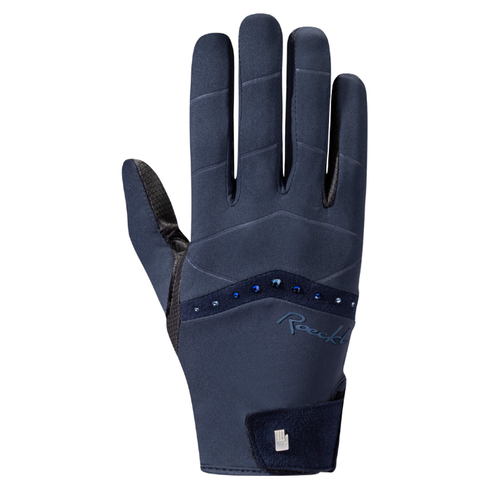 A single dark navy blue riding glove shown from the back, featuring a textured palm, a decorative band with blue rhinestones, and a brand logo on the wrist, set against a plain white background.