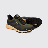 A pair of Dubarry outdoor trail shoes in olive green and black, featuring a beige midsole and a small orange accent on the outsole, shown against a light gray background.