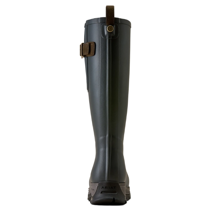 Ariat Ladies Woodstock Insulated Wellies Variant Navy. A single Ariat mid-calf rain boot in dark Navy, shown from the back on a solid white background. The boot features a brown leather pull tab and buckle closure near the top.
