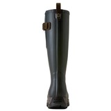 Ariat Ladies Woodstock Insulated Wellies Variant Navy. A single Ariat mid-calf rain boot in dark Navy, shown from the back on a solid white background. The boot features a brown leather pull tab and buckle closure near the top.