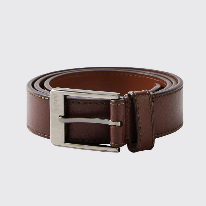 Brown leather belt with a silver buckle and orange stitching.