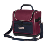 LeMieux AW26 Elite Pro Grooming Bag Varient Blackberry. A LeMieux bag in burgundy and navy blue, featuring a top carry handle, a front zippered pocket with a brand label, and a detachable navy blue shoulder strap with gold lettering, set against a plain white background.