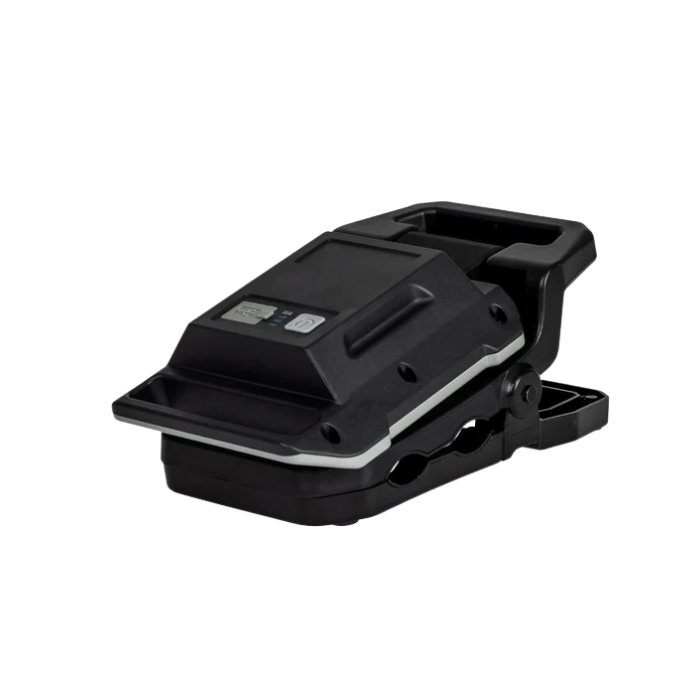 A portable LED work light with a black and gray rugged frame, shown in its open, folded-down clamp position on a solid white background.