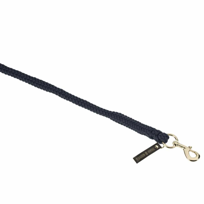 Navy blue braided leather dog leash with gold clasp on a white background