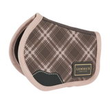 LeMieux AW26 Toy Pony Heritage Pad Varient Cocoa. A brown and beige plaid horse blanket with a black leather patch and a gold-embossed 'LEMIEUX HERITAGE' logo, shown on a plain white background.