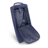 Navy blue bridle bag with a handle on a white background
