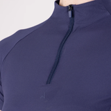 Navy blue athletic shirt with a quarter zip on a light gray background