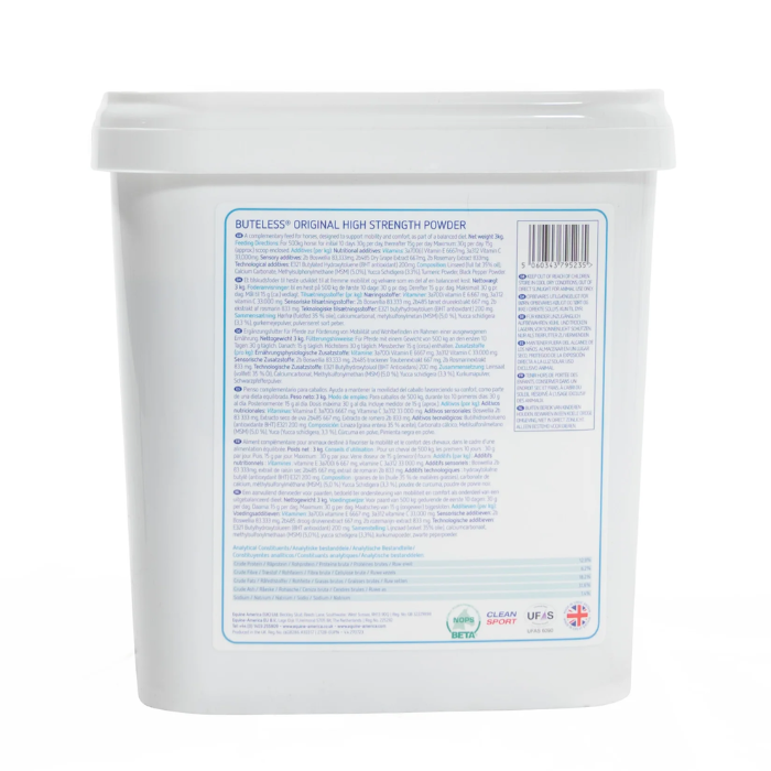 Equine America Buteless Original High Strengh Powder Variant 3Kg. A white plastic tub of Buteless Original High Strength Powder, showing the back label with text, a barcode, and certification logos on a white background.