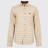 Dubarry Men's Corrib Shirt Variant Ochre. Beige cheque shirt with grey and orange detailing on a grey background. 