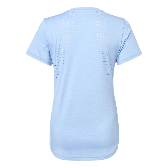 reverse side of blue t shirt on white background