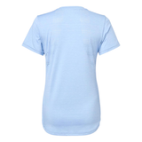 reverse side of blue t shirt on white background