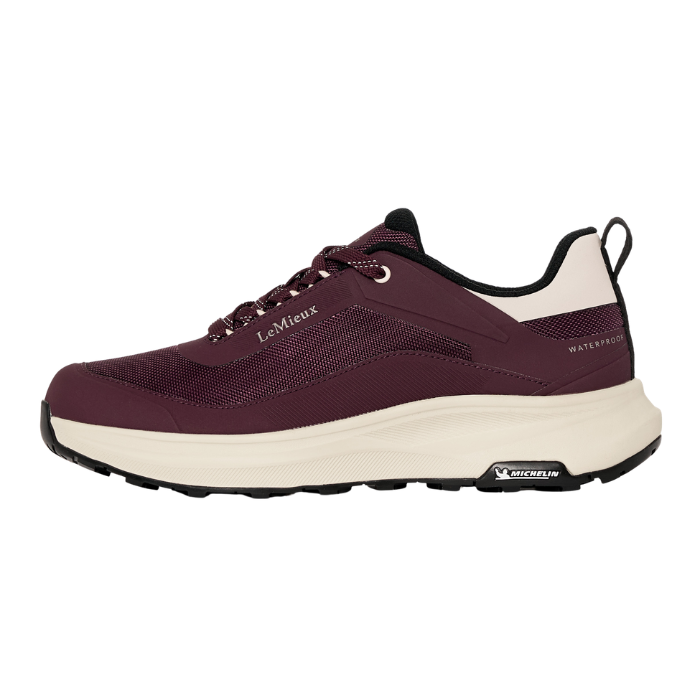 LeMieux AW26 Kanta Waterproof Trainers Variant Colour Bramble. 
A single trainer in bramble colour with beige trim with 'LeMieux' brand name on white background.
