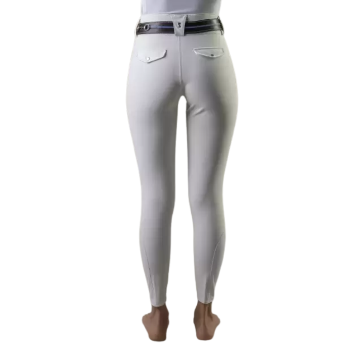 White riding pants with a black belt on a white background