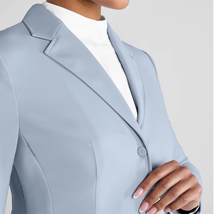 Ash blue lepel of jacket and person hand