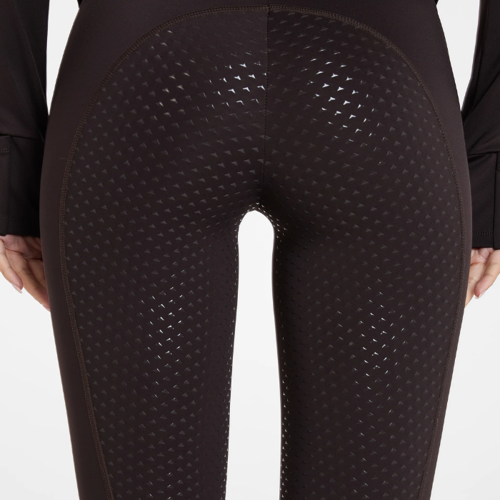 Aztec Diamond AW26 Core Leggings Full Seat Variant Espresso. Close-up back view of a person wearing dark brown textured leggings with full seat grips, set against a plain white background.