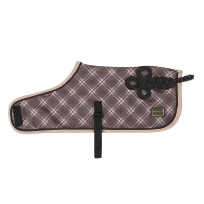 LeMieux AW26 Toy Pony Heritage Rug Varient Cocoa. A horse saddle pad by LeMieux featuring a brown and beige diamond plaid pattern, a black braided decorative knot, and a black strap closure, shown against a plain white background.