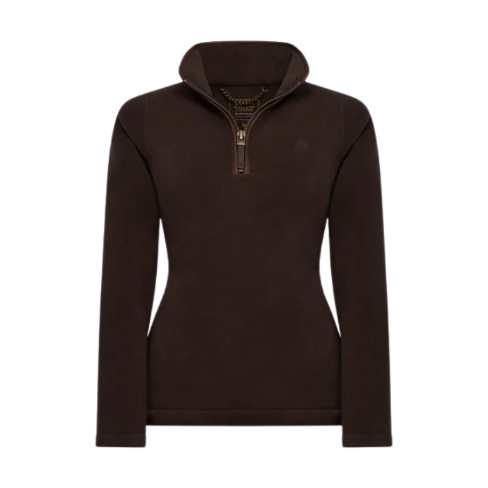 Holland Cooper Ladies Country Fleece Quarter Zip Variant Chocolate. A dark brown long-sleeve quarter-zip pullover sweater with a stand-up collar, displayed on a clean white background.