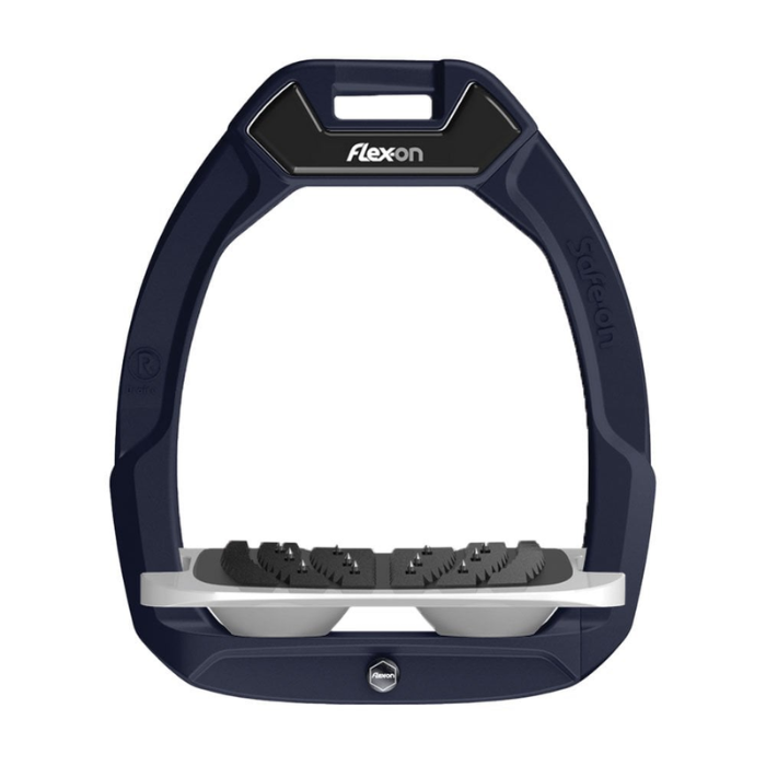 Navy blue equestrian stirrup with 'flex-on' branding on a white background