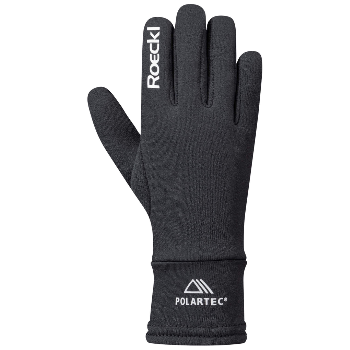 Roeckl Warwick 2 Jnr Variant Black. A single black glove shown flat against a white background, with the brand name 'Roeckl' printed vertically on the back of the hand and 'POLARTEC' with a mountain logo on the wrist cuff.