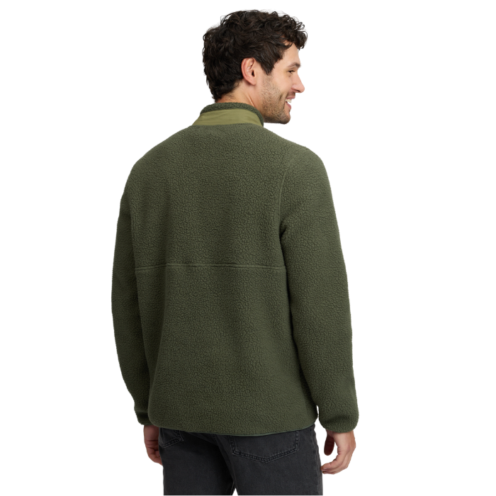 LeMieux AW26 Mens Borg Half Zip Sweat Varient Olive. A man wearing an olive green fleece pullover jacket, shown from the back and side against a plain white background.