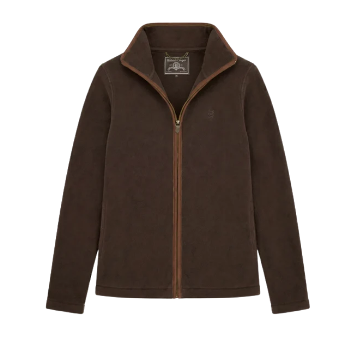 Holland Cooper Country Fleece Jacket Variant Chocolate. A dark brown fleece zip-up jacket with a stand-up collar, displayed on a clean white background. The brand label 'Holland Cooper' is visible inside the collar.
