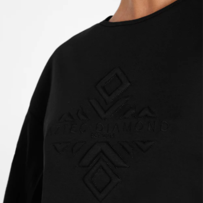 Black sweatshirt with embossed logo on a white background
