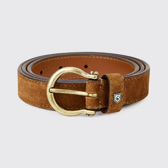 Dubarry Of Ireland Archway Belt Variant Camel. A brown suede belt with a gold-tone metal buckle and a small shield logo on the keeper, displayed on a light gray background.