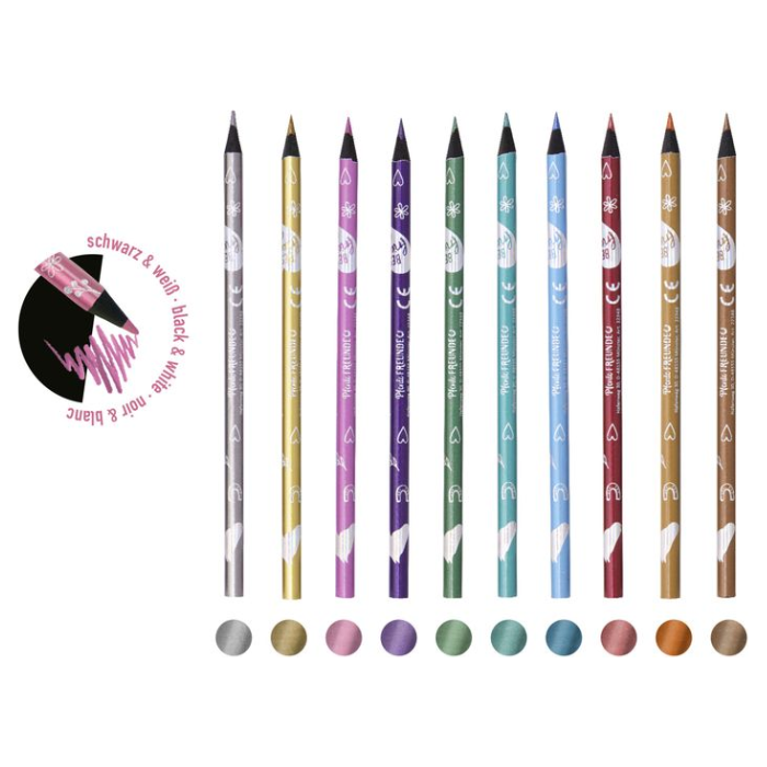 Set of colored pencils with color swatches on a white background, featuring the Schwarz & Weiss brand.