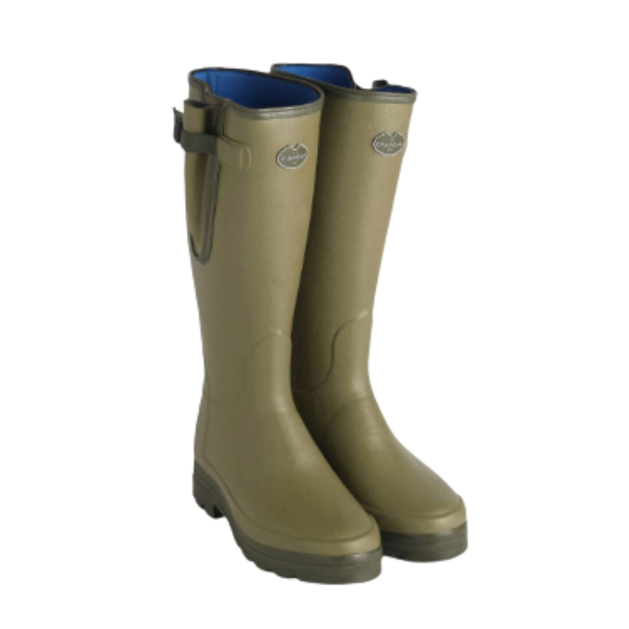 Le Chameau Men's Vierzonord XL Neoprene Lined Boot Variant Vert. A pair of tall olive green rubber rain boots with a blue interior lining, shown against a plain white background.