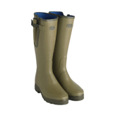 Le Chameau Men's Vierzonord XL Neoprene Lined Boot Variant Vert. A pair of tall olive green rubber rain boots with a blue interior lining, shown against a plain white background.