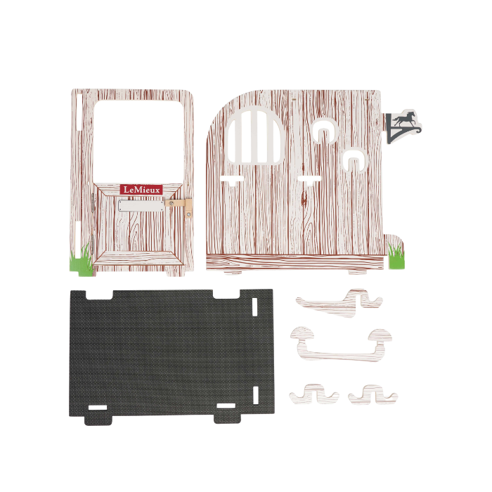 A set of vintage-style panel cutouts with a weathered woodgrain finish, including a front door panel with a small red and white sign, a larger side panel, a black textured lower panel, and several small handle and trim pieces, all arranged on a plain white background.
