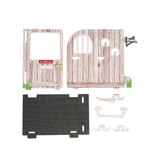 A set of vintage-style panel cutouts with a weathered woodgrain finish, including a front door panel with a small red and white sign, a larger side panel, a black textured lower panel, and several small handle and trim pieces, all arranged on a plain white background.
