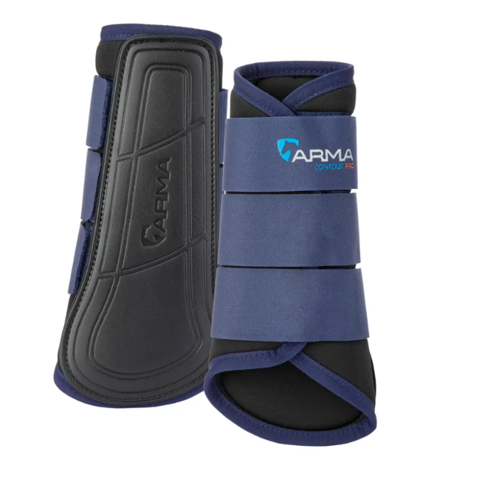 Two equestrian leg boots from ARMA World Cup on a plain white background. One boot is shown from the front, displaying its dark gray protective panel and the brand logo, while the other is shown from the side, highlighting the navy blue straps and black footbed.